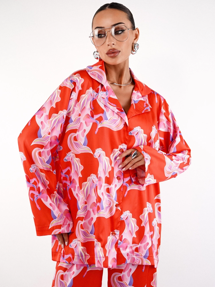 Пижама женская c брюками и рубашкой с принтом Лошади