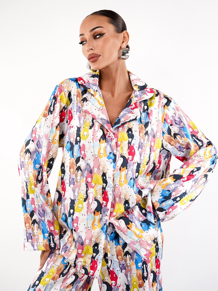 Пижама женская c брюками и рубашкой с принтом Лошади